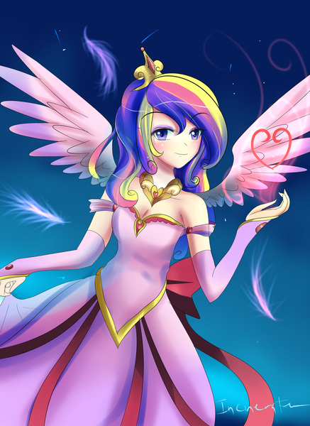 Size: 800x1098 | Tagged: artist:incinerater, clothes, derpibooru import, dress, heart, human, humanized, princess cadance, safe, solo, winged humanization