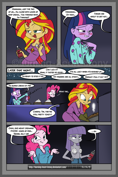 Size: 1024x1536 | Tagged: questionable, artist:burning-heart-brony, derpibooru import, maud pie, pinkie pie, sunset shimmer, twilight sparkle, equestria girls, rainbow rocks, bait and switch, breasts, clothes, comic, disappointed, female, food, innuendo, pajamas, pie, speech bubble, topless, whipped cream