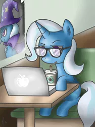 Size: 2400x3200 | Tagged: dead source, safe, artist:gatodelfuturo, derpibooru import, trixie, pony, unicorn, computer, female, glasses, hipster, laptop computer, mare, solo, starbucks