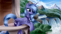 Size: 2560x1440 | Tagged: safe, artist:aurelleah, derpibooru import, princess luna, alicorn, pony, :3, balcony, chest fluff, cute, ear fluff, female, forest, happy, looking away, lunabetes, mare, river, s1 luna, scenery, sky, smiling, solo, water, waterfall