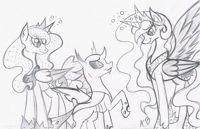 Size: 2255x1454 | Tagged: safe, artist:rossmaniteanzu, derpibooru import, princess celestia, princess luna, thorax, alicorn, changeling, pony, the times they are a changeling, ethereal mane, female, grayscale, male, mare, monochrome, pencil drawing, sketch, starry mane, traditional art, trio