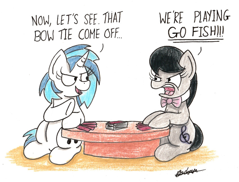 Size: 1989x1520 | Tagged: safe, artist:bobthedalek, derpibooru import, octavia melody, vinyl scratch, earth pony, pony, unicorn, angry, bow, bowtie, card game, dialogue, female, looking at each other, mare, open mouth, playing card, sexy, strip poker, table, traditional art, we don't normally wear clothes