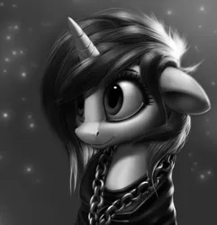 Size: 4187x4349 | Tagged: safe, artist:sceathlet, derpibooru import, princess celestia, alicorn, pony, absurd resolution, alternate hairstyle, bust, chains, clothes, cute, cutelestia, female, floppy ears, grayscale, mare, monochrome, punklestia, realistic, shirt, short hair, sitting, smiling, solo