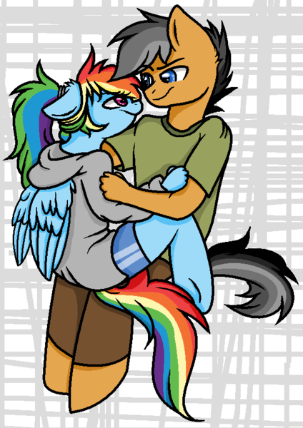 Size: 598x846 | Tagged: safe, artist:moonabelle, derpibooru import, quibble pants, rainbow dash, anthro, unguligrade anthro, alternate hairstyle, clothes, female, hoodie, hug, male, ponytail, quibbledash, shipping, shirt, shorts, straight, younger