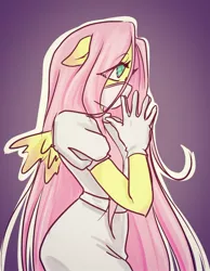 Size: 1092x1405 | Tagged: safe, artist:kyotoxart, derpibooru import, fluttershy, anthro, clothes, face mask, floppy ears, flutternurse, gloves, gradient background, image, jpeg, medical gloves, nurse outfit, solo, surgical mask