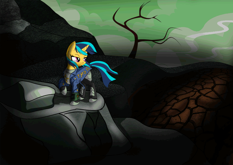 Size: 1000x707 | Tagged: safe, artist:elmutanto, derpibooru import, oc, oc:sparkplug, unofficial characters only, pony, unicorn, fallout equestria, fallout equestria: crimson tide, animated, blinking, fallout, female, gif, mare, pipbuck, wasteland, wind