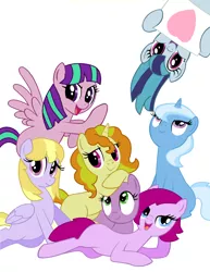 Size: 1960x2544 | Tagged: safe, artist:janethepegasus, derpibooru import, adagio dazzle, aria blaze, fuchsia blush, lavender lace, sonata dusk, trixie, ponified, pony, equestria girls, alternate mane six, background human, equestria girls ponified, female, mane six opening poses, the dazzlings, trixie and the illusions