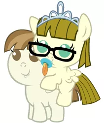 Size: 832x988 | Tagged: safe, artist:red4567, derpibooru import, featherweight, zippoorwhill, pony, baby, baby ponies, baby pony, cute, featherbetes, glasses, pacifier, ponies riding ponies, riding, zippoorbetes
