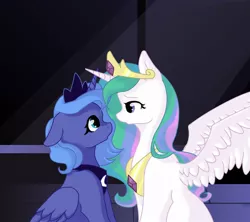 Size: 1024x910 | Tagged: artist:katfromtheotherside, derpibooru import, floppy ears, horns are touching, looking at each other, princess celestia, princess luna, s1 luna, safe, sitting, spread wings