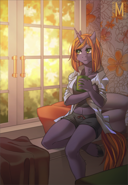 Size: 1043x1500 | Tagged: anthro, anthro oc, artist:margony, autumn, bedroom, clothes, coffee, coffee mug, derpibooru import, midriff, morning ponies, oc, safe, shirt, shorts, solo, unguligrade anthro, unofficial characters only, wallpaper, window