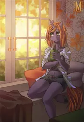 Size: 1043x1500 | Tagged: anthro, anthro oc, artist:margony, autumn, bedroom, clothes, coffee, coffee mug, derpibooru import, midriff, morning ponies, oc, safe, shirt, shorts, solo, unguligrade anthro, unofficial characters only, wallpaper, window