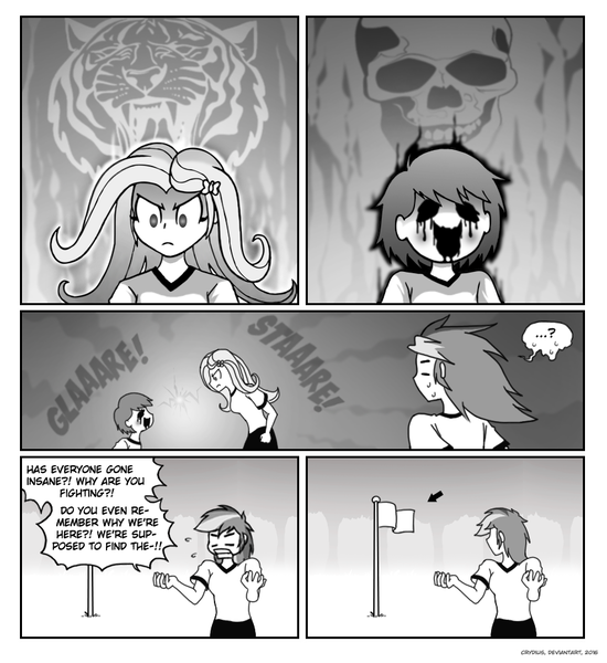 Size: 854x932 | Tagged: safe, artist:crydius, derpibooru import, fluttershy, rainbow dash, big cat, tiger, comic:annual chs flag hunt, equestria girls, chara, comic, crossover, monochrome, skull, stare down, the stare, undertale