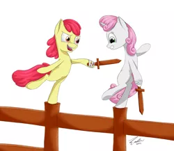 Size: 4581x3977 | Tagged: safe, artist:deltauraart, derpibooru import, apple bloom, sweetie belle, pony, bipedal, fencing, open mouth, simple background, sword, weapon, white background, wooden sword