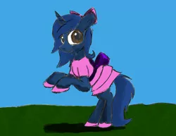 Size: 1280x989 | Tagged: safe, artist:anonpony1, artist:warskunk, color edit, derpibooru import, edit, oc, oc:starlight blossom, unofficial characters only, pony, unicorn, bow, clothes, colored, dress, female, filly, hair bow, shoes, simple background, sketch, solo