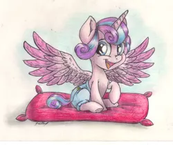 Size: 2048x1719 | Tagged: safe, artist:gaelledragons, derpibooru import, princess flurry heart, pony, baby, baby alicorn, baby flurry heart, baby pony, cloth diaper, cute, diaper, diapered, diapered filly, female, filly, flurrybetes, happy, happy baby, light pink diaper, looking at you, open mouth, pillow, safety pin, sitting, smiling, solo, traditional art