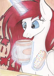 Size: 672x941 | Tagged: safe, artist:michael thompson, derpibooru import, oc, oc:princess apricity, unofficial characters only, alicorn, pony, bronycan, canada, canadian, coffee, coffee break, donut, female, food, maple leaf, mare, solo, tim hortons, traditional art