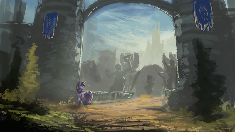 Size: 1920x1080 | Tagged: dead source, safe, artist:shamanguli, derpibooru import, twilight sparkle, unicorn, castle, crossover, gate, newbie artist training grounds, scenery, solo, statue, unicorn twilight, wallpaper, warcraft, wip, world of warcraft