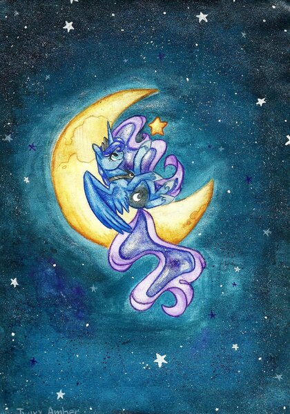 Size: 1024x1463 | Tagged: artist:twixyamber, derpibooru import, moon, princess luna, safe, solo, stars, tangible heavenly object, traditional art