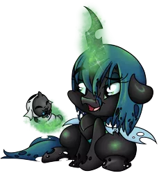 Size: 3007x3281 | Tagged: artist:cutepencilcase, changeling, changeling larva, changeling queen, cute, cutealis, cuteling, derpibooru import, duo, female, nymph, open mouth, queen chrysalis, safe, simple background, the times they are a changeling, transparent background