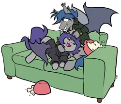 Size: 848x733 | Tagged: safe, artist:egophiliac, derpibooru import, oc, oc:dusk rhine, oc:racket rhine, unofficial characters only, bat pony, pony, brothers, clothes, couch, cute, food, hoodie, jacket, noogie, popcorn, siblings