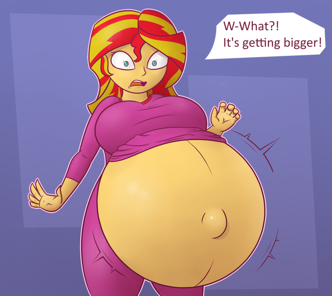 Size: 1570x1401 | Tagged: questionable, artist:funble, derpibooru import, part of a set, sunset shimmer, series:strange properties of equestrian magic, equestria girls, belly, belly button, belly expansion, big belly, big breasts, breasts, busty sunset shimmer, clothes, female, growth, hyper, hyper pregnancy, outie belly button, pajamas, pregnant, pregnant expansion, sequence, solo, solo female, speech bubble, sunset preggers