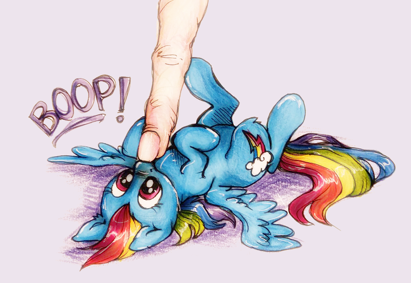 Size: 959x659 | Tagged: safe, artist:buttersprinkle, derpibooru import, rainbow dash, human, pegasus, pony, boop, cute, dashabetes, female, finger, fluffy, hand, mare, micro, on back, shiny, size difference, smoldash, spread out hair, spread wings, tiny, tiny ponies, traditional art