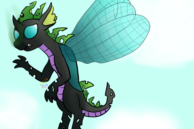 Size: 1500x1000 | Tagged: artist:cancottondy, changeling, derpibooru import, dragon, dragon hybrid, hybrid, magical gay spawn, oc, oc:crystal claws, offspring, parent:spike, parents:thoraxspike, parent:thorax, safe, smoke, solo, unofficial characters only