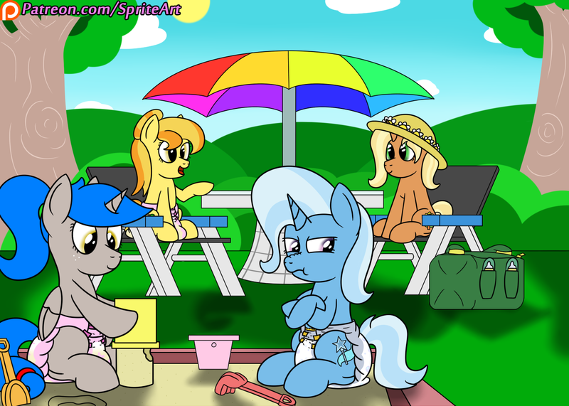 Size: 1400x1000 | Tagged: questionable, artist:spritepony, derpibooru import, idw, sunflower spectacle, trixie, oc, oc:sprite, oc:sweet apple harvest, alicorn, pony, spoiler:comic, spoiler:comic40, adult foal, alicorn oc, cute, diaper, diaper bag, diaper fetish, diatrixes, group, ocbetes, park, patreon, patreon logo, poofy diaper, pouting, sandbox, scrunchy face, story included, urine, wet diaper