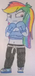 Size: 583x1280 | Tagged: safe, artist:toyminator900, derpibooru import, rainbow dash, equestria girls, boxing gloves, clothes, solo, sweatpants, traditional art