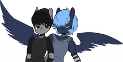 Size: 1863x944 | Tagged: safe, artist:kei kun, derpibooru import, oc, oc:closed closets, oc:daydreams, unofficial characters only, anthro, pegasus, arm warmers, clothes, collar, cross, freckles, frown, hair over one eye, hand on shoulder, hug, jewelry, looking at you, pendant, shirt, shoulder freckles, simple background, spread wings, t-shirt, torn clothes, white background, worried
