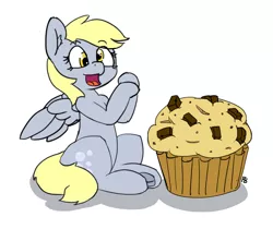 Size: 1280x1133 | Tagged: safe, artist:pabbley, derpibooru import, derpy hooves, pegasus, pony, cute, derpabetes, female, food, giant muffin, mare, muffin, open mouth, simple background, solo, that pony sure does love muffins, this will end in weight gain, underhoof, white background