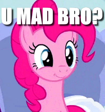 Size: 400x427 | Tagged: safe, derpibooru import, pinkie pie, image macro, meme, needs more jpeg, smirk, solo, u mad