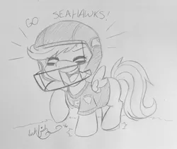 Size: 1200x1006 | Tagged: american football, artist:abbystarling, clothes, cute, cutealoo, daaaaaaaaaaaw, derpibooru import, football helmet, helmet, jersey, monochrome, nfl, pencil drawing, safe, scootaloo, seachicken, seattle seahawks, sketch, solo, traditional art