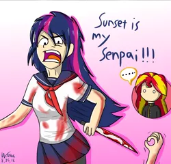 Size: 1600x1534 | Tagged: semi-grimdark, artist:linlaifeng, derpibooru import, sunset shimmer, twilight sparkle, human, ayano aishi, blood, clothes, female, humanized, knife, lesbian, pantyhose, pleated skirt, shipping, skirt, sunsetsparkle, yandere, yandere simulator, yandere-chan