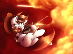 Size: 3000x2200 | Tagged: safe, artist:shinodage, derpibooru import, oc, oc:breezy, unofficial characters only, earth pony, pony, badass, blank flank, excited, explosion, female, fire, gun, hat, mare, open mouth, rifle, smiling, solo, weapon