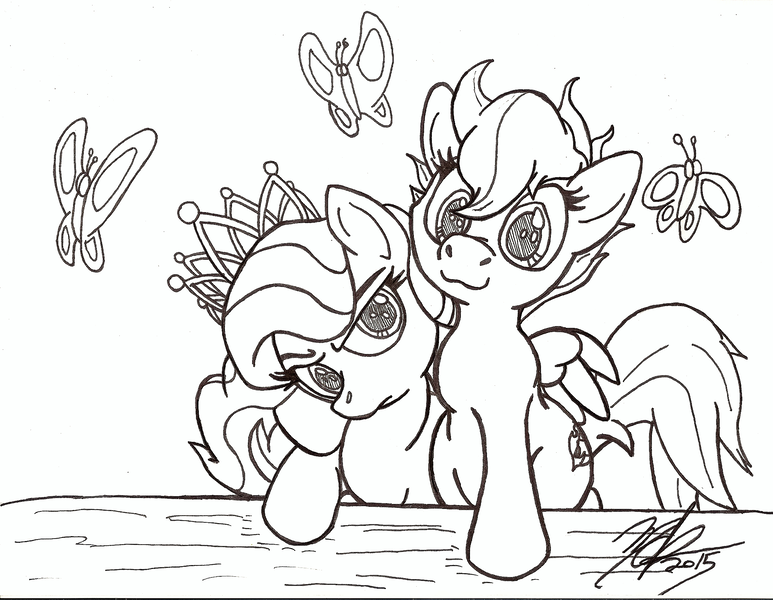 Size: 2189x1700 | Tagged: safe, artist:artponymdp, derpibooru import, diamond tiara, scootaloo, butterfly, hug, monochrome