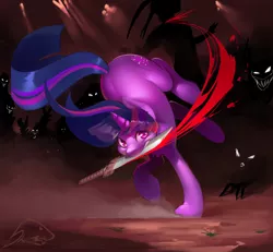 Size: 3585x3306 | Tagged: grimdark, artist:shnider, derpibooru import, twilight sparkle, demon, pony, unicorn, badass, blood, crepuscular rays, death, mouth hold, shadow, slit throat, sword, violence, weapon