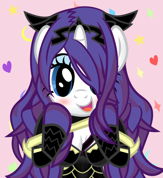 Size: 3674x3998 | Tagged: suggestive, artist:nupiethehero, derpibooru import, rarity, anthro, unicorn, abstract background, arm hooves, blushing, breasts, camilla, cross, female, fire emblem, heart, looking at you, open mouth, show accurate, smiling, solo, sparkles, stars, waifu