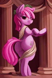 Size: 2017x3000 | Tagged: suggestive, artist:dimfann, derpibooru import, berry punch, berryshine, pony, semi-anthro, bedroom eyes, bipedal, bipedal leaning, clothes, commission, dionysus, dock, female, leaning, looking at you, looking back, pillar, plot, smiling, solo, solo female, toga