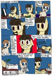 Size: 2000x2903 | Tagged: safe, artist:timsplosion, derpibooru import, wild fire, oc, oc:jayson thiessen, earth pony, pegasus, pony, comic, computer, floppy ears, glasses, jayson thiessen, mouth hold, sibsy, storyboard, top gear