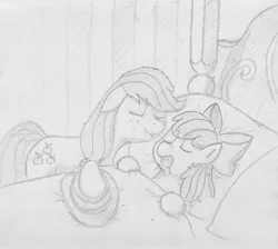 Size: 3684x3306 | Tagged: apple bloom, applejack, artist:periodicbrony, bed, derpibooru import, drool, eyes closed, monochrome, open mouth, safe, sisters, sleeping, snoring, traditional art