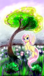 Size: 900x1565 | Tagged: safe, artist:gremlinkun, derpibooru import, fluttershy, cute, flower, shyabetes, solo, tree