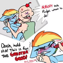 Size: 1200x1200 | Tagged: safe, artist:captainpudgemuffin, derpibooru import, rainbow dash, oc, oc:captainpudgemuffin, human, pegasus, pony, angry, bandage, bite mark, black eye, blood, blushing, cheek fluff, cherry, chest fluff, dialogue, eyes closed, face doodle, female, floppy ears, food, gap teeth, gritted teeth, human male, injured, male, mare, marker, no pupils, one eye closed, wavy mouth