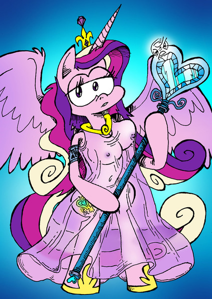 Size: 1608x2269 | Tagged: anthro, arm hooves, artist:andreu-t, breasts, clothes, crystal heart, derpibooru import, dress, female, princess cadance, questionable, scepter, see-through