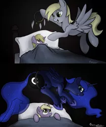 Size: 1024x1227 | Tagged: safe, artist:tetrapony, derpibooru import, derpy hooves, dinky hooves, princess luna, alicorn, pegasus, pony, unicorn, bed, caught, dream walker luna, dreamcatcher, equestria's best mother, female, filly, food, mare, moonbutt, muffin, oops my bad, plot, signature, stuck, the ass was fat, the ass was too fat, trapped