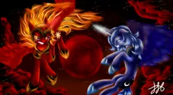 Size: 1756x964 | Tagged: artist:stainedglasslighthea, crying, derpibooru import, nightmare star, princess celestia, princess luna, role reversal, royal sisters, safe