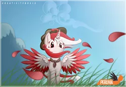 Size: 4286x2945 | Tagged: safe, artist:creativitybox18, derpibooru import, oc, oc:princess peruvia, unofficial characters only, alicorn, pony, alicorn oc, cloud, colored wings, colored wingtips, cute, flower, flower in hair, grass, hat, looking at you, mountain, petals, sky, smiling, solo, spread wings, windswept mane