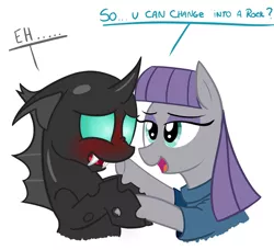 Size: 1600x1456 | Tagged: safe, artist:radek1212, derpibooru import, maud pie, thorax, changeling, earth pony, pony, the times they are a changeling, blushing, clothes, crack shipping, dialogue, female, looking at each other, mare, maudrax, nose wrinkle, open mouth, out of character, rock, rock shipping, scaroused, shipping, simple background, smiling, that pony sure does love rocks, this will end in snu snu, white background