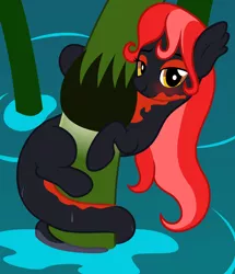 Size: 1832x2130 | Tagged: safe, artist:badumsquish, derpibooru import, oc, oc:mave, unofficial characters only, alp-luachra, original species, bedroom eyes, blushing, dripping, female, flirty, looking at you, plant, pond, red and black oc, seductive, smiling, smirk, tail hold, water, wet