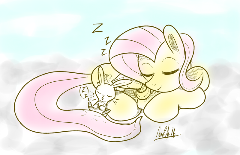 Size: 1545x1000 | Tagged: angel bunny, artist:ladyanidraws, cute, derpibooru import, fluttershy, safe, shyabetes, sleeping, zzz